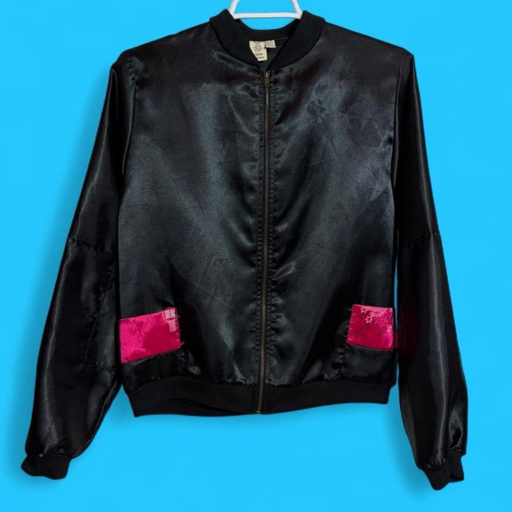 Urban Renewal Black Souvenir Bomber Jacket with dragon Pink Accents